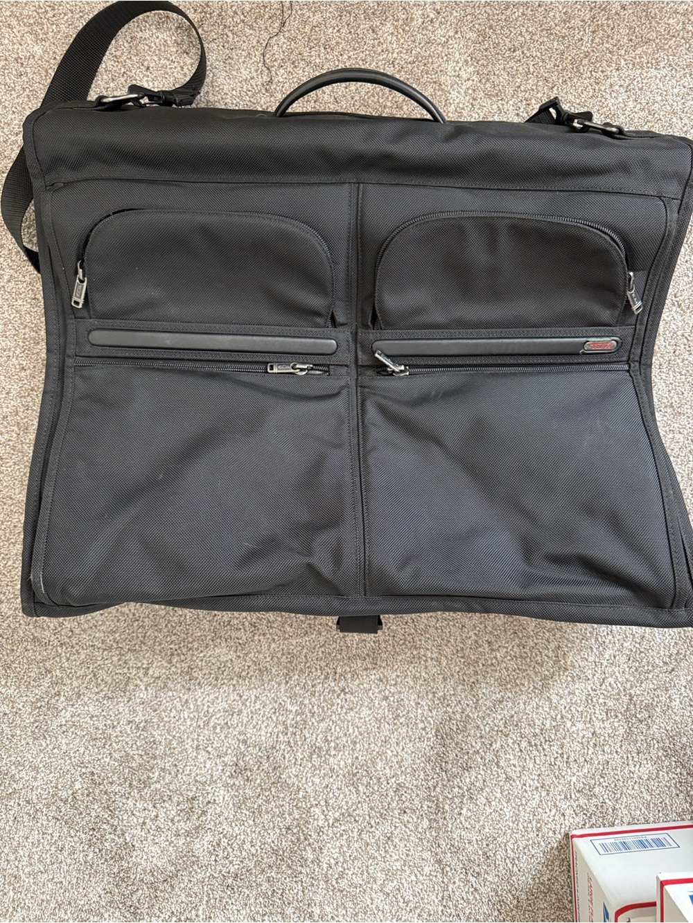 Tumi Bifold Black Travel Garment Bag with Multiple Front Pockets